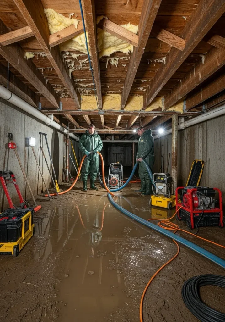 A muddy crawl space with standing water and visible moisture on joists while technicians extract water to prevent mold growth United States 3