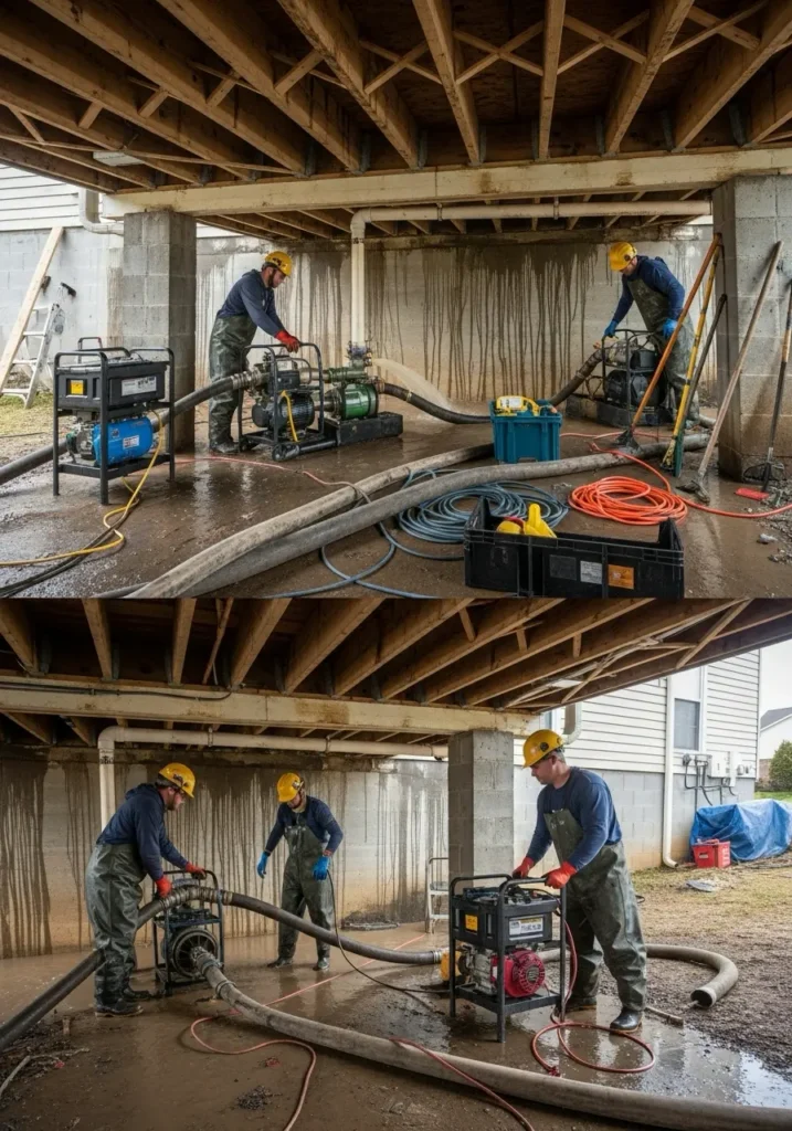 A restoration team pumping out groundwater that seeped through the crawl space foundation during a storm United States 7