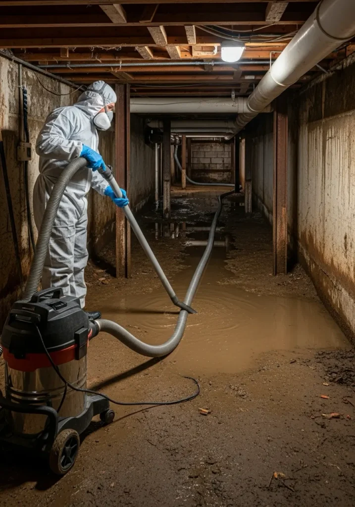 A technician using a long hose attached to a commercial wet vac reaching into a damp muddy crawl space United States 1